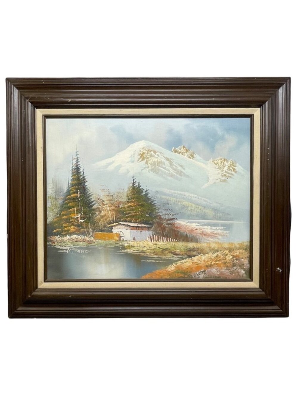 painting wood framed signed canvas landscape water nature mountains water READ